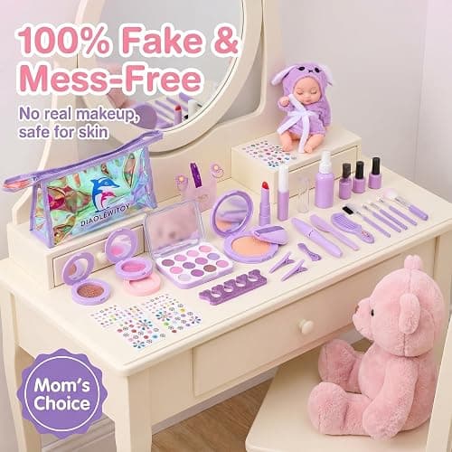 DIAOLEWITOY Pretend Makeup Kit for Girls - 30-Piece Play Cosmetic Set, Birthday Gift for Kids Ages 3-6 Years Old (Purple) thumbnail 4