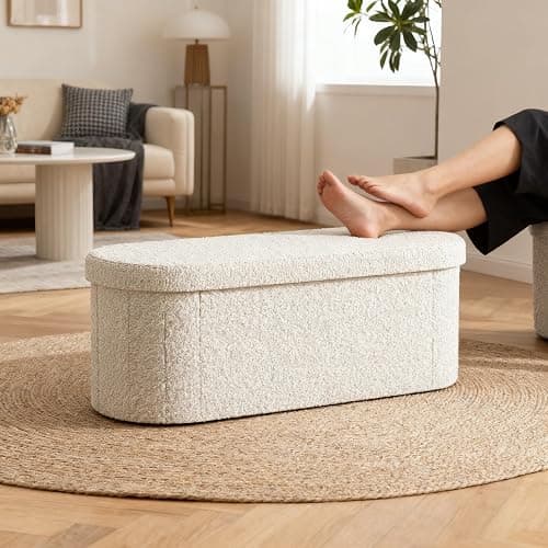 GLAXYFUR Oval Ottoman with Storage for Living Room, Sherpa Bench, Beige | 43.3 Inches Folding Chest, Foot Rest, End of Bed Bench for Bedroom, Hallway thumbnail 3