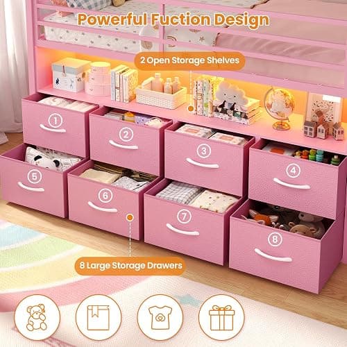 BTHFST Twin Size Loft Bed for Kids, 8 Storage Drawers & LED Lights, House Shaped Metal Bed with Bookcase, Soft Foam Ladder, 13.4" Safety Guardrail, Space Saving, Fun Curtain thumbnail 3