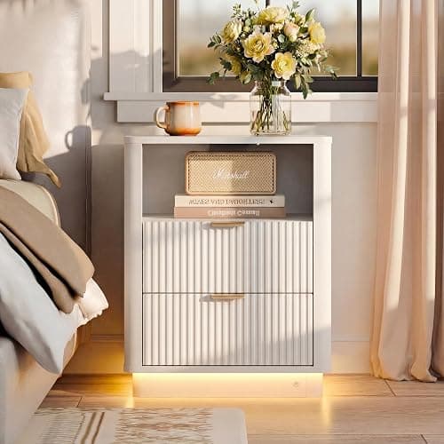 BONITURE Led Fluted Nightstand, Curved Night Stand with Charging Station Lighting, Wood Side Table with 2 Drawers, Modern End Table Storage Cabinet for Bedroom(1, White) - Image 1