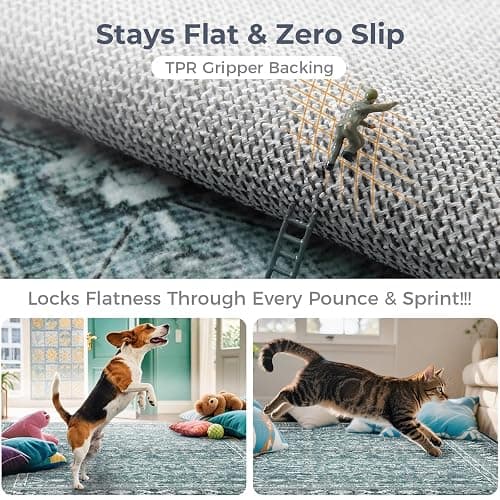 OPPODREAM Vintage Teal 2x10 Runner Rug, 2 x 10 Retro Washable Rug Non Slip, Low-Pile Faux Wool Carpet, Soft Distressed Floor Mat for Kitchen, Hallway, Entry-Way, Entrance, Indoor Back Door thumbnail 5