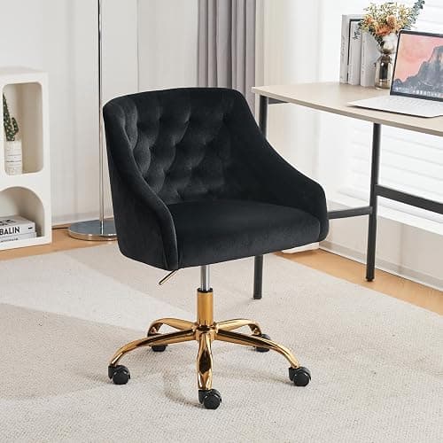 MOJAY Velvet Office Swivel Chair, Vanity Fabric Desk Pretty Fancy Gold Office Chairs for Girls, 360°Swivel Height Adjustable Reception Chair (Black) - Image 1