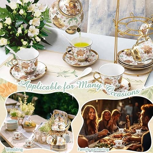 Zhehao 20 Pcs Porcelain Tea Set with Metal Holder and Spoon Adult Ceramic Tea Party Set European Flower Painting Teapot Cup Saucer Spoon Set for Women, Large Version(Elegant Style) thumbnail 5