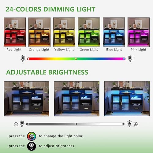 HNEBC LED Sideboard Buffet Cabinet with Charging Station, Smart Bar Cabinet with Auto RGB Lighted, High Gloss Coffee Bar with Drawer/Hutch for Living Room, Dining Room, Home Storager(Black) thumbnail 8