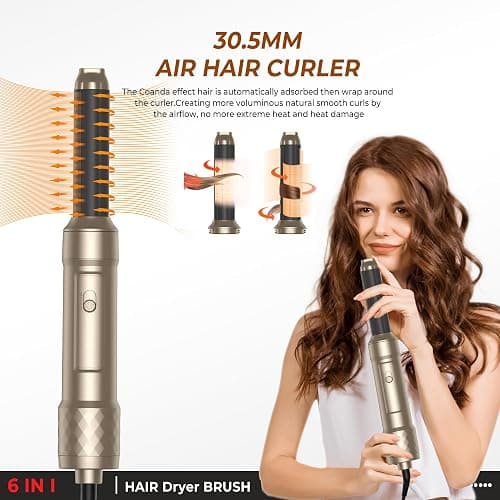 Airstyler Set 6 in 1 Haartrockner Hairstyler,1000W Warmluftbürste, 30mm Air Curling,Abnehmbar,3 Temperatur und Windgeschwindigkeit,Rundbürstenföhn zum Trocknen,Locken und Straighthen der Haare-GOLD thumbnail 3
