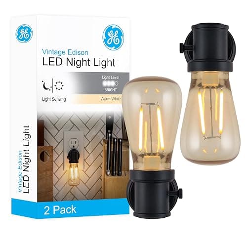 GE Vintage LED Edison Night Light, Plug-in, Dusk to Dawn, Farmhouse Decor, Mood Lighting, Home Decor, Ambient Lighting, LED Lights for Bedroom, Bathroom, Kitchen, Hallway, Black, 2 Pack, 71349 - Image 1
