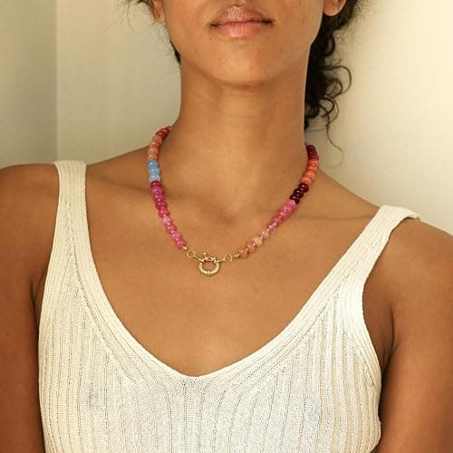 KELORIS PATH Beaded Gemstone Necklaces for Women | Colorful 16'' Bead Natural Stone Choker, Handmade Summer Jewelry for Beach with 14K Gold Plated Spring Ring Clasp thumbnail 4