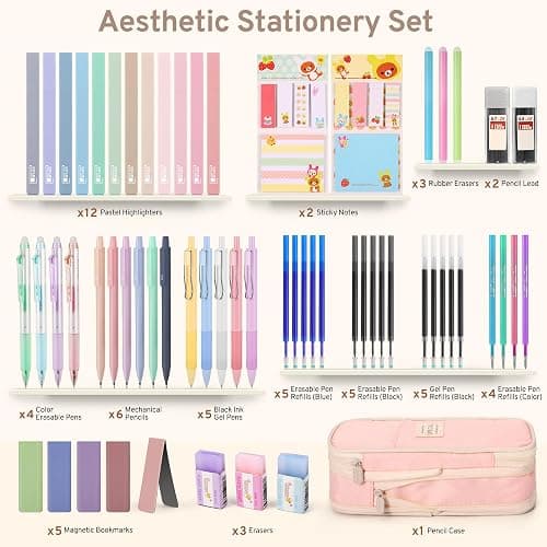 DazSirit 62 PCS Aesthetic Stationery Set with Foldable Pencil Case, 12 Pastel Highlighters, 4 Erasable Pens, 5 Gel Pens, 6 Mechanical Pencils, Sticky Notes – School Supplies for Girls & Teens (Pink) thumbnail 3
