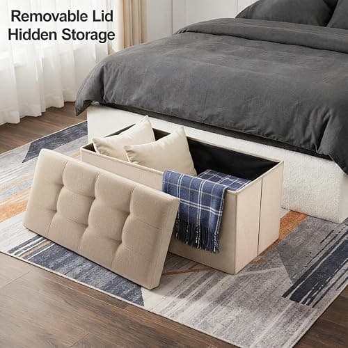 CROWNSHOP 1PC Storage Ottoman Bench Folding Footstool with Lid Beige | Folding Storage Ottoman Bench – Space-saving design with hidden storage, ideal for living room, bedroom hallway organisation thumbnail 4