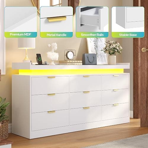 knoworld 9 Drawer Dresser for Bedroom, White Dresser with LED Lights and Power Outlet, Large Wooden Dressers Modern Chest of Drawers, Triple Wide 9 Drawer Dressers for Bedroom, Entryway, Hallway thumbnail 7