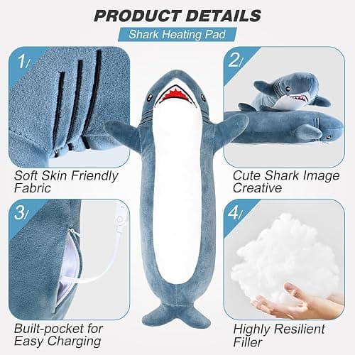HOTHUGZ Shark Heating Pad for Cramps & Menstrual Pain Relief, Cute Stuffed Animal Electric Heating Pad, USB Powered Heated Plush Toy, Portable Warm Cushion, Spring Gift for Women Teen Girls thumbnail 4