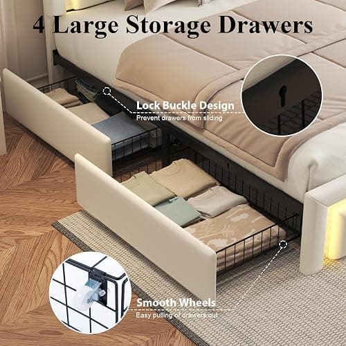 Full Bed Frame with Charging Station, Storage Drawers, Upholstered White | Platform Bed with LED Lights, PU Leather, Adjustable Headboard, Heavy Duty Metal Slats, No Box Spring Needed, Noise-Free thumbnail 4