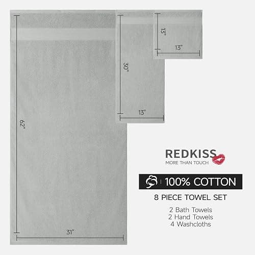 REDKISS 8 Piece Grey Towels Set - 100% Cotton Towels Set with 2 Large Bath Towels, 2 Hand, 4 Washcloths, 600 GSM Highly Absorbent Bath Towel Sets, Gray Quick Dry Shower Towel for Family Gym thumbnail 3