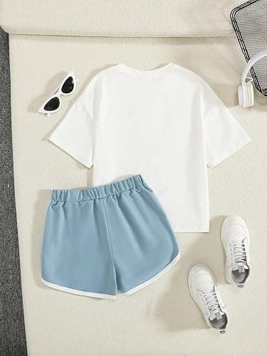 Floerns Girl's 2 Piece Outfits Graphic Print Drop Shoulder Tee & Contrast Binding Track Shorts Clothing Set thumbnail 2