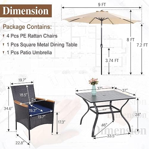 Sophia & William 5 Pieces Outdoor Dining Set with 9ft Beige Patio Umbrella, 4 Seat Patio Dining Set with Square Metal Patio Table and 4 Rattan Chairs, Patio Dining Set Set for Yard Lawn Porch thumbnail 2