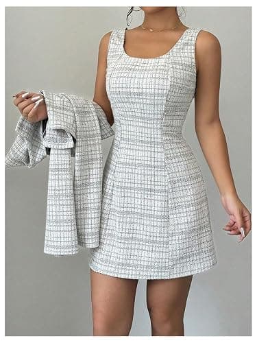 SOLY HUX Women's 2 Piece Plaid Long Sleeve Button Cropped Jacket Dress Set | 2 Piece Outfits, Tweed Set, Button Down, Sleeveless Mini Dress Sets thumbnail 3