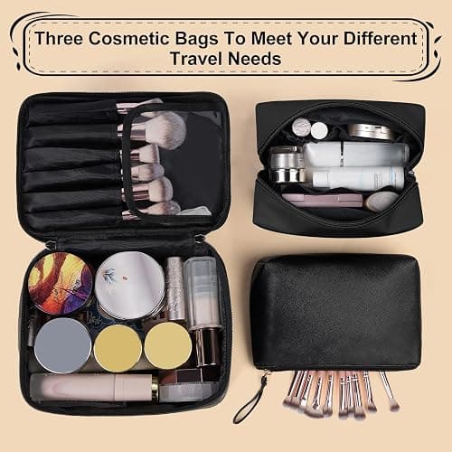 MAANGE Makeup Bag Waterproof Travel Cosmetic Bag PU Leather Cosmetic Pouch Portable Makeup Organizer Bag Large Capacity Toiletry Bag Multifunctional Storage Make Up Bag for Women (Black, 3Pcs) thumbnail 6