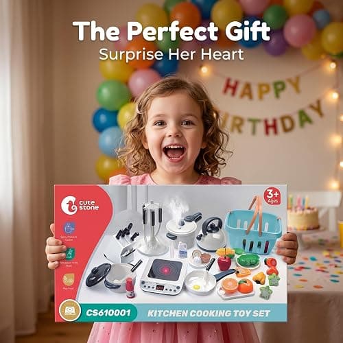CUTE STONE Pretend Play Kitchen Toy with Cookware Steam Pressure Pot and Electronic Induction Cooktop, Cooking Utensils, Toy Cutlery, Cut Play Food, Shopping Basket Learning Toy for Girls Boys thumbnail 6