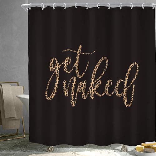 Black Get Naked Quotes Cute Cheetah Leopard Bathroom Shower Curtain Set | 72Wx72H Print Urban design, waterproof HD print with fast-drying fabric and 12 hooks. thumbnail 3