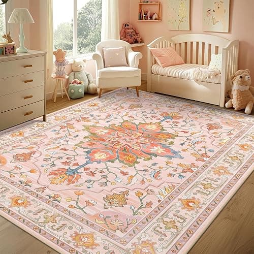 RELEANY Washable Area Rug, 8'x10', Pink/Light Pink/Colorful | Non-Slip, Water Repellent, Pet Friendly, Easy to Clean, Vintage Floral Boho Decor for Living Room Bedroom Dining Room thumbnail 3