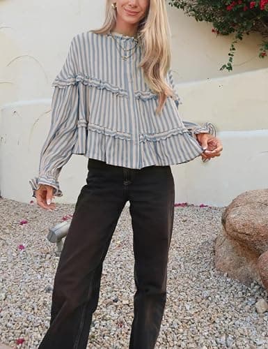 Tanming Womens Striped Button Down Shirts Ruffled Long Sleeve Stand Collar Shirt Dressy Casual Blouse Tops thumbnail 2