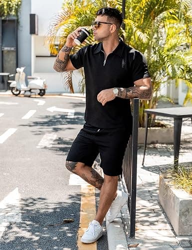 URRU Men's Polo Shirt and Shorts Set Summer Outfits Fashion Casual Short Sleeve Polo Suit for Men 2 Piece Short Set thumbnail 6