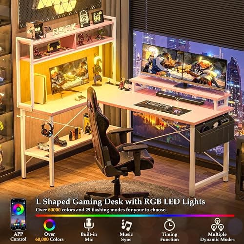 Aheaplus L Shaped Gaming Desk with Power Outlets & LED Lights, Small L- Shaped Desk Computer Corner Desk with Monitor Stand & Storage Shelf, Home Office Desk Writing Desk with Storage Bag, Pink thumbnail 5