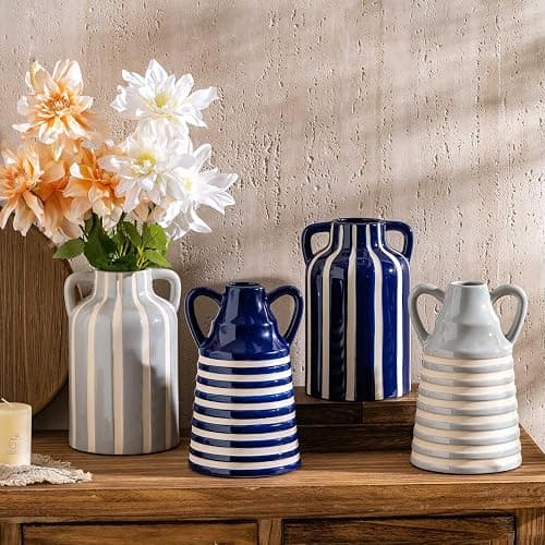 Ceramic Grey and White Checkered Stripes Vase with Handles, Hand-Painted Modern Minimalist Bohemian Floral Vases Home Decor, Cottage Core Decor, Flower Vase for Bouquet Mantle Kitchen Bookshelf 9.1 In thumbnail 7