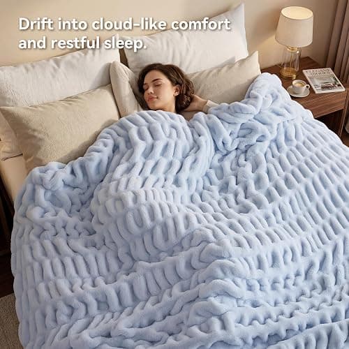 Smoofy Light Blue Fluffy Blanket for Couch - Luxury Faux Rabbit Fur 60"x80" | Ultra Soft & Plush Comfort Ruched Blanket, Cozy Fuzzy Fleece Throw for Sofa, Bed & Office, Gift for Women, Blue Room Decor thumbnail 4