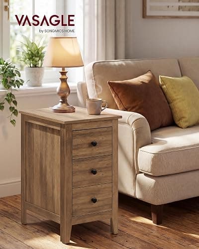 VASAGLE Side End Table with 3 Storage Drawers, Nightstand Farmhouse | Narrow Bedside Table for Living Room, Bedroom, Home Office, Honey Brown, LIRY Collection ULET132K101S thumbnail 3