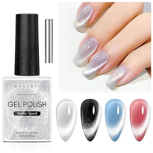 Makartt Universal Silver Cat Eye Gel Polish: Sparkle Glitter Nail Polish Holographic Magnetic Gel with Magnet DIY at Home for Beginner Easy to Use Nail Art Design Manicure 10ml - Image 1