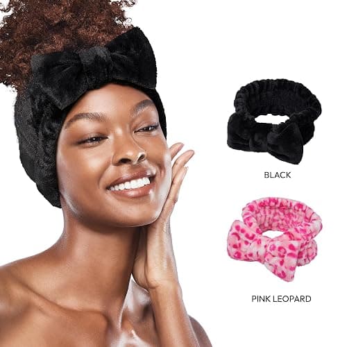 Red by Kiss Spa Headband for Washing Face Facial Makeup Bow Head Band Soft Plush Fleece Stretchy Head Wraps for Women Shower Bath Washing Face Mask (BLACK) thumbnail 6