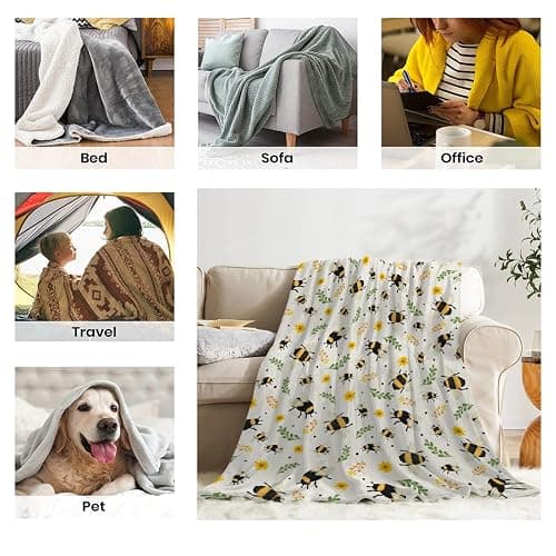 Sunflower Floral Bee Blanket - Plush Flannel Throw for Couch, Bed, Sofa - 40"x50" Flower Decor for Girls Boys - Gift for Bee Lovers - All Seasons thumbnail 8