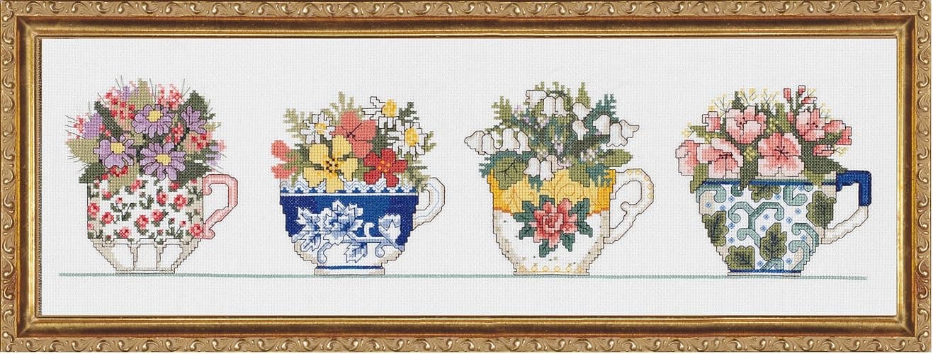 Janlynn Corp. Counted Cross Stitch Kit, Row of Teacups - Image 1