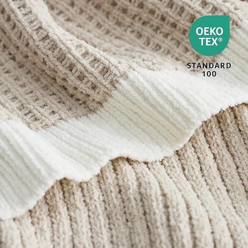 Amélie Home Waffle Throw Blanket for Couch, Soft Cozy Chenille Knit Blanket Warm Decorative Throw for Sofa, 50"x60", Beige thumbnail 9