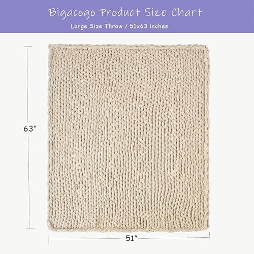 Bigacogo Chunky Knit Throw Blanket for Couch, 51x63 inches, 100% Hand Knitted with Thick Jumbo Chenille Yarn, Cozy Soft Large Rope Knot Cable Crochet Blankets for Sofa Bed Living Room, Beige thumbnail 2