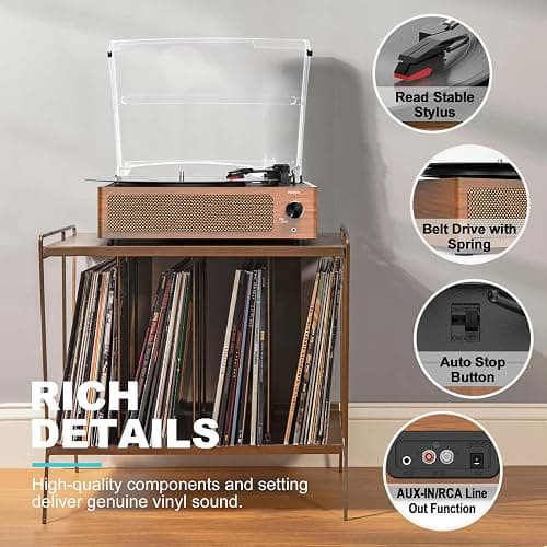 Seasonlife® Vinyl Record Player with Speakers,Retro Brown Vintage Turntable | All-in-one Beginner LP Players,Wooden Old-school Phonograph,Belt-Driven,3-Speed,BT Wireless Input,Headphone,AUX,RCA,Auto Stop thumbnail 6