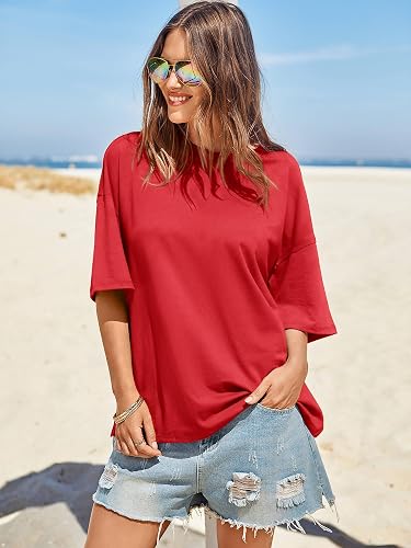 Tankaneo Womens Oversized Tshirts Summer Casual Short Sleeve Crew Neck T Shirt Loose Fit Side Slit Tee Tops thumbnail 3