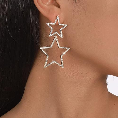 Ymimanchil Star Earrings for Women Silver Star Earrings Dangle Rhinestone Star Stud Earrings Rhinestone Big Star Dangle Earrings thumbnail 8