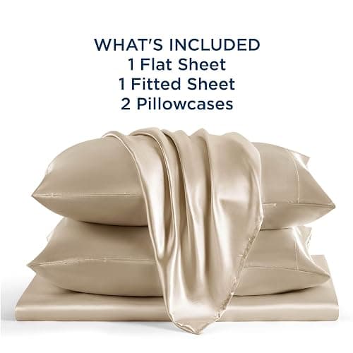 Bedsure Satin Sheets Queen Size - 4 Piece Silky Bedsheets with 15 Inches Deep Pocket Fitted Bedsheet,1 Flat Sheet, 2 Satin Pillowcases, Good for Hair & Skin (Queen, Khaki) thumbnail 6