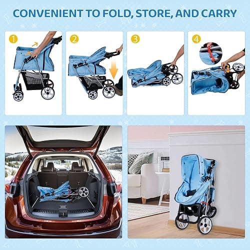 ZENY Foldable Pet Stroller, Cat/Dog Stroller with 4 Wheel, Pet Travel Carrier Strolling Cart with Storage Basket, Cup Holder (Blue) thumbnail 4