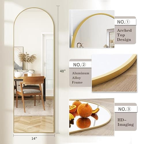 JAWGLOW Arched Full Length Door Mirror 14x48, Metal Frame with Protective Film, No-Drilling Hanging or Wall Mount, Hooks & Hardware Included, Full Body Mirror for Bedroom, Dorm, Gold thumbnail 6