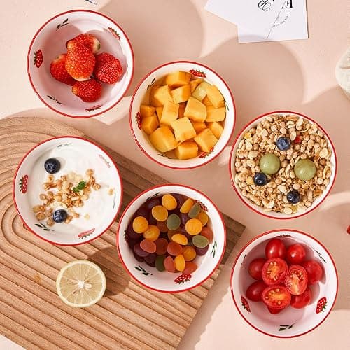 CHILDIKE 10 oz Small Bowls Set of 6, Dessert Bowls for Kids Ice Cream Cereal Soup Rice Fruit - Cute Strawberry Pattern thumbnail 2