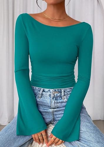 PRETTYGARDEN Women's Long Sleeve Shirts 2025 Fall Crop Going Out Tops Casual Boat Neck Bell Sleeve Ribbed Ruched Y2K Clothes thumbnail 5