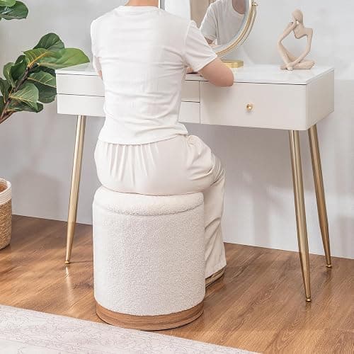 Joveco Round Storage Ottoman with Removable Lid, Boucle Small Upholstered Padded Vanity Foot Rest Stool for Living Room, Bedroom, Dorm, White with Oatmeal Wood Grain Trim thumbnail 8
