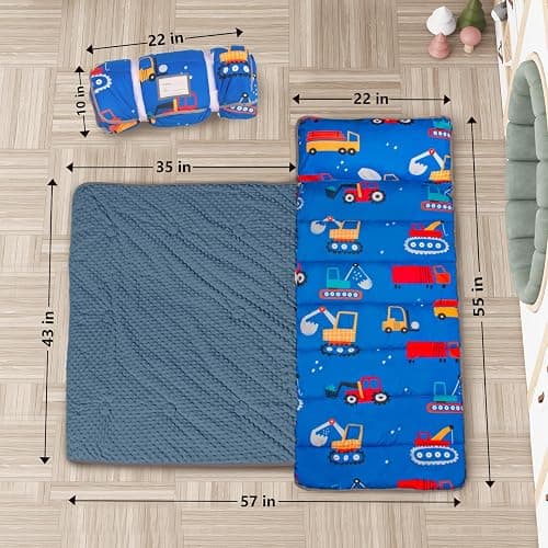 Primlect Thickened Toddler Nap Mat with Removable Pillow and Minky Blanket, Extra Large 55''x35'' Sleeping Bag, Washable, Roll up, Perfect for Daycare, Preschool, Kindergarten, Boys and Girls Blue Car thumbnail 3