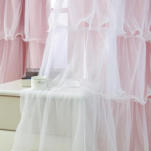 PLEGOS Pink Curtains for Girls Bedroom Blackout Nursery Curtains Double Layer White Ruffle Sheer Overlay for Kids Toddler Room Privacy Room Darkening Window Drapes 52 x 84 Inch thumbnail 6