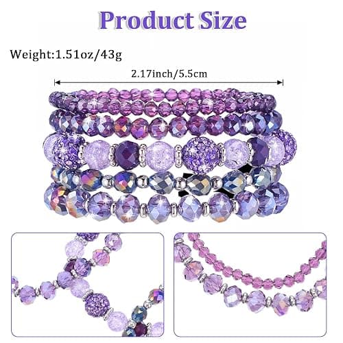 Wanmu 5Pcs Beaded Bracelets for Women, Bohemian Glass Faceted Crystal Beads Bracelet, Stackable Boho Disco Ball Stretch Bracelets, Multilayered Purple Jewelry Gift for Women, Mother's Day thumbnail 2
