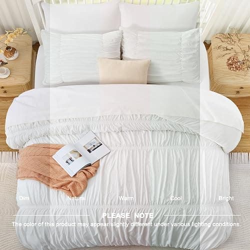 Oli Anderson Wavy Ruched Comforter Set King Size, White, 5 Pieces | Vintage Boho Shabby Chic Farmhouse Rustic Bedding Set, Fluffy Texture, Elastic Design, All Season Bedroom Decor thumbnail 6