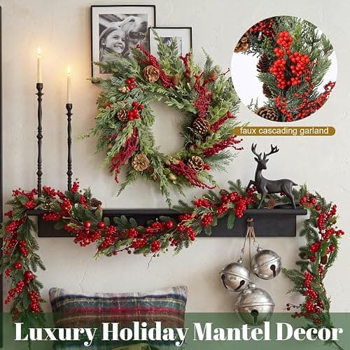 Yinder 20 Inch Christmas Wreath with LED Lights Red Berry Pinecones | 9.8ft LED String, Artificial Pine Cedar with Pinecones, For Holiday Front Door Porch Wall Fireplace Indoor Outdoor Home Decor thumbnail 4